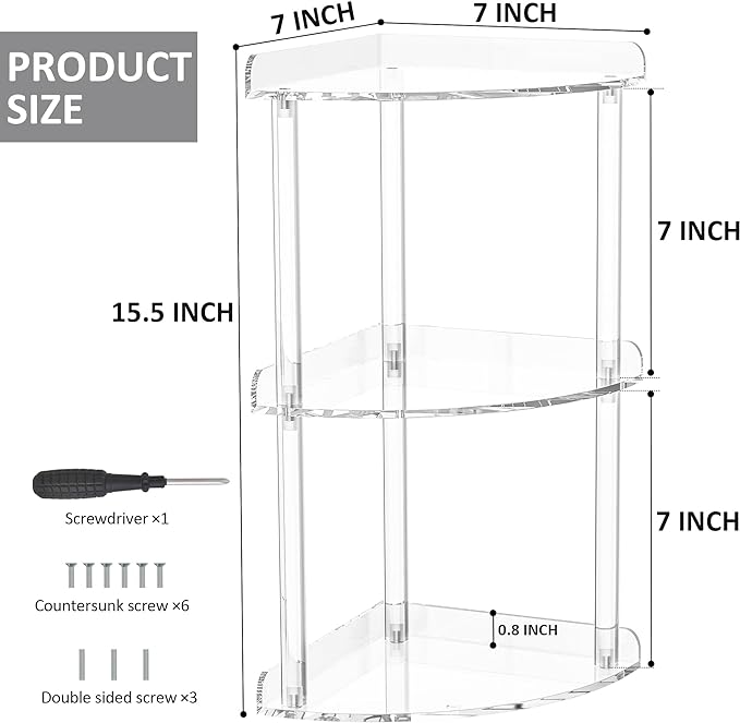 3 Tier Countertop Corner Organizer Shelf 7x7x15.7 Inch, Countertop Acrylic Bathroom Corner Shelf, Clear Vanity Storage Organizer for Cosmetics, Toiletries