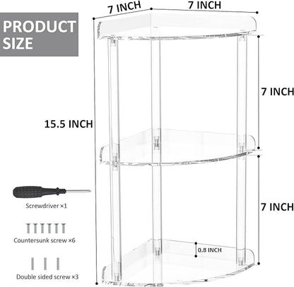 3 Tier Countertop Corner Organizer Shelf 7x7x15.7 Inch, Countertop Acrylic Bathroom Corner Shelf, Clear Vanity Storage Organizer for Cosmetics, Toiletries