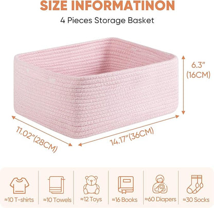 OIAHOMY 4 Pack 14.17*11.02*6.3IN Storage Baskets for Organizing Shelves, Woven Rope Baskets for Organizing Books, Clothes, Decorative Basket for Living Room, Nursery, Bedroom, Gift Basket, Pink