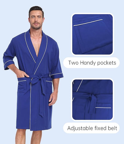 CF Men's Robe Cotton Bathrobe Soft Short Sleeve Bath Robes Shower Robe for Spa Soft Kimono Lightweight Sleepwear with Pockets