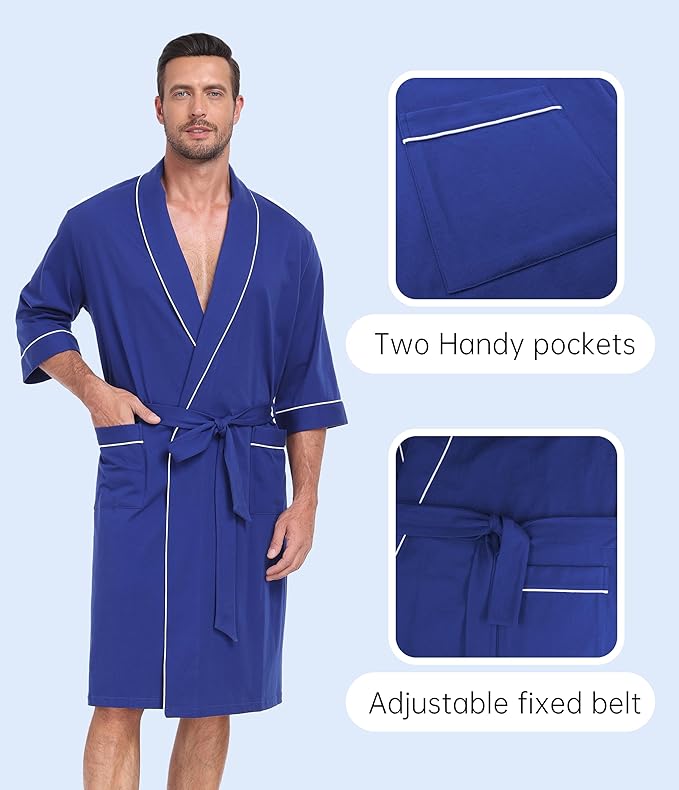 CF Men's Robe Cotton Bathrobe Soft Short Sleeve Bath Robes Shower Robe for Spa Soft Kimono Lightweight Sleepwear with Pockets