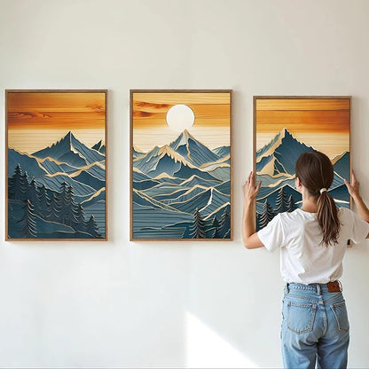 Tinonedraw Metal Mountain Framed Canvas Wall Art, Boho Mountains Artworks, Mid Century Modern Blue Ridge Wall Decor, Vintage Nature Forest Sunset Art Print for Living Room Bedroom Office 24"x36"x3