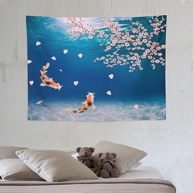 Japanese Koi Fish Tapestry, Cherry Blossoms Asian Oriental Blue Floral Branch Koi Fish Carp Tapestries Wall Hanging for Bedroom Living Room Office Decor 40"x30"