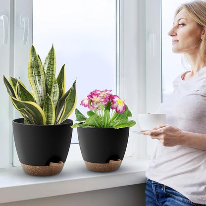 Plant Pots 10/9/8/7.5/7 Inch Self Watering Pots, Set of 5 Plastic Planters with Drainage Holes and Saucers,Plastic Flower Pots,Nursery Planting Pot for Indoor Out Door Plants(Black Brown)