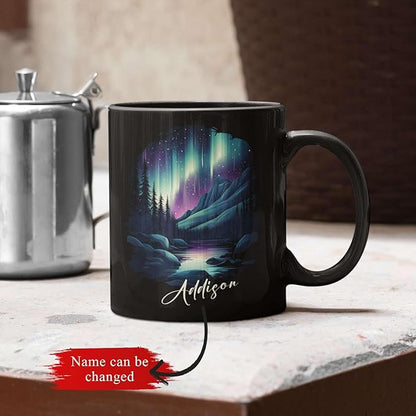 Customized Name Coffee Cup 11oz 15oz, Personalized Northern Lights Landscape Mug, Scenic Mountain And River Black Cup, Custom Northern Lights Inspired Ceramic Mug, Gift For Women