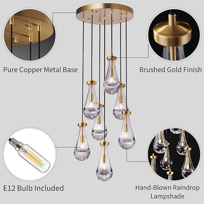 7 Light Raindrop Chandeliers, Brass Teardrop Cluster Pendant Lights Kitchen Island, Gold Dining Room Chandeliers Over Table Hanging Pendant Lighting for High Ceiling, Entryway Staircase