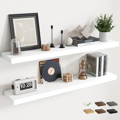 48 Inch Floating Shelves for Wall Set of 2, 8"D Wood Grain Bathroom Shelves with Invisible Brackets, Easy Install Engineered Wood Storage Shelves for Kitchen, Living Room, Bedroom, White Finish