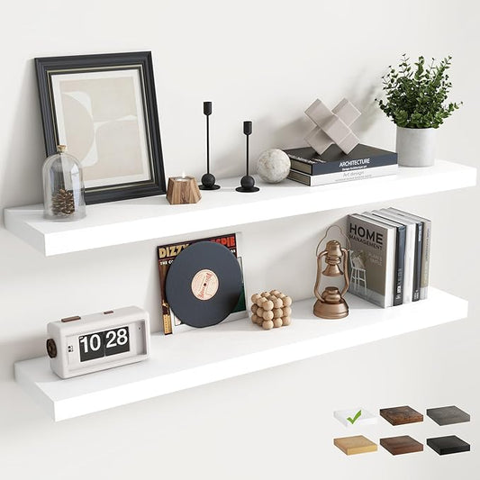 48 Inch Floating Shelves for Wall Set of 2, 8"D Wood Grain Bathroom Shelves with Invisible Brackets, Easy Install Engineered Wood Storage Shelves for Kitchen, Living Room, Bedroom, White Finish