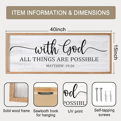 With God All Things are Possible Framed Wall Art, 40''×15'' Natural Religious Rustic Bible Verse for Christian God Jesus Christ Prayer, Holy Positive Horizontal Inspirational Catholic Scripture Decor