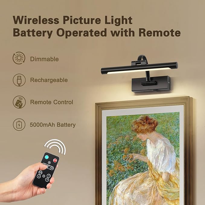 Battery Operated Picture Lights for Wall Black Art Light Wireless Gallery Lights with Timer and Remote 12 Inch 2W Warm White