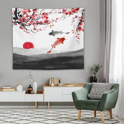 Houselerax Japanese Koi Fish Tapestries, Cherry Blossoms Asian Oriental Flower Branch Koi Fish Carp Tapestry Wall Hanging for Bedroom Living Room Office Decor 60"x50"