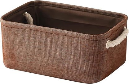 TheWarmHome Small Fabric Canvas Storage Bin with Cotton Rope Handles - Foldable Empty Basket for Gift (Brown-1 Pack,11.8L7.9W5.2H inch)