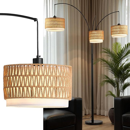 Rattan Floor Lamp for Living Room, 80 Inch Tall Boho Floor Lamp with Rotary Switch, 3 Lights Arc Lamp with Wicker Shade for Coastal,Bohemian,Tree Farmhouse Standing Lamp