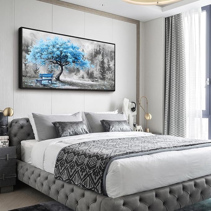 ZUITINGHUA Black Framed Canvas Wall Art For Living Room Wall Decor For Bedroom Office Wall Decoration Blue Tree Landscape Painting Black And White Picture Artwork Room Aesthetic Home Decor 20x40 In