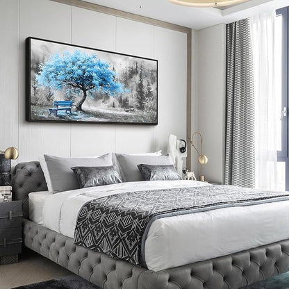 ZUITINGHUA Black Framed Canvas Wall Art For Living Room Wall Decor For Bedroom Office Wall Decoration Blue Tree Landscape Painting Black And White Picture Artwork Room Aesthetic Home Decor 20x40 In