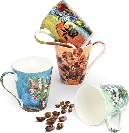 Coffee Mug Sets of 4, 12oz Bone China Porcelain Cups with Art Print Large Handle Dishwasher Microwave safe for Tea Cocoa or Hot Chocolate