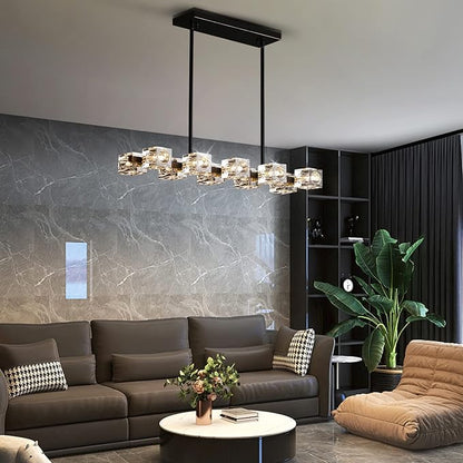 Dining Room Light Fixture,Modern Crystal Chandeleirs Semi Flush Mount Ceiling Light Fixture,Black Metal Crystal Pendant Light for Kitchen Island Farmhouse Dining Room,Living Room (10-Lights)