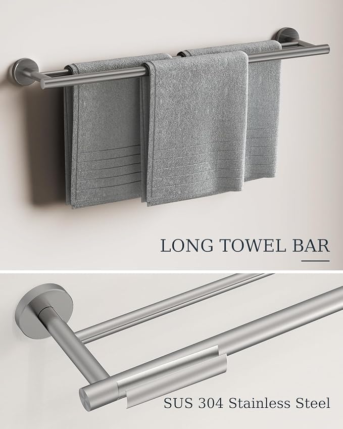 Brushed Nickel Bathroom Accessories Set, SUS304 Stainless Steel 5 Pieces Bathroom Hardware Set, 24" Double Bath Towel Bar Set, 2 Towel Hooks, Toilet Paper Holder, Towel Racks for Bathroom Wall Mounted