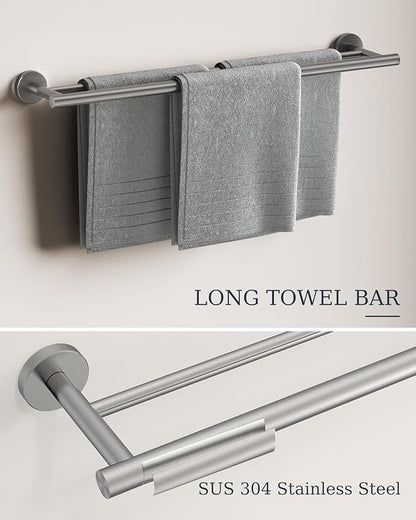 Brushed Nickel Bathroom Accessories Set, SUS304 Stainless Steel 5 Pieces Bathroom Hardware Set, 24" Double Bath Towel Bar Set, 2 Towel Hooks, Toilet Paper Holder, Towel Racks for Bathroom Wall Mounted