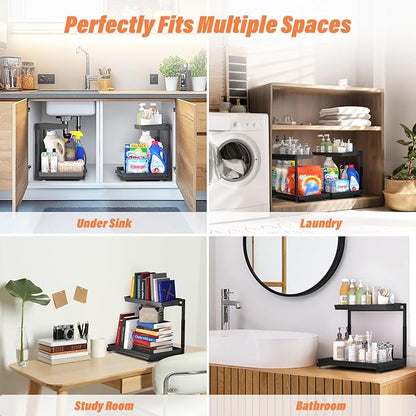 TATAANTY Under Sink Organizer, 2 Packs 2 Tier Black Steel Under Sink Storage, Undersink Organizers for Bathroom, Cabinet, Counter, Kitchen