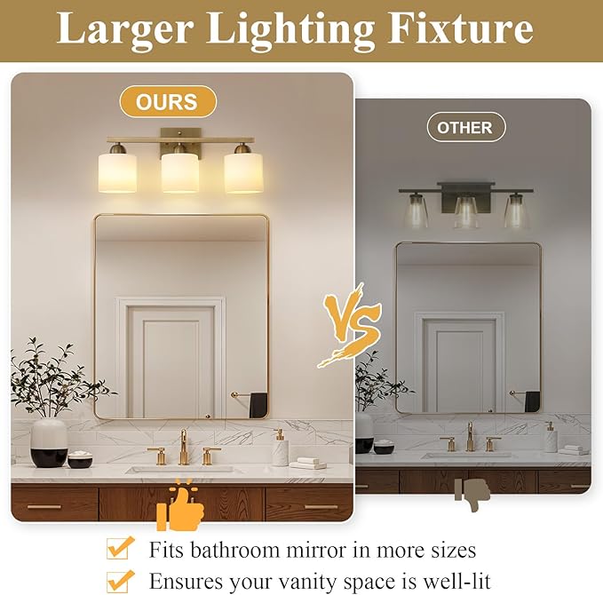 Stainless Steel Milk Glass Vanity Lights for Bathroom, 3 Light Brass Bathroom Light Fixtures Over Mirror, Ceramic E26 Sockets Wall Mounted
