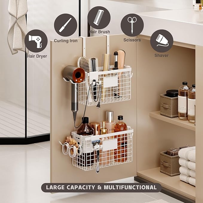 2 Pack Hair Tool Organizer,Adhesive Hair Dryer Holder Cabinet Door/Wall Mounted Adjustable Height Blow Dryer Holder Under Sink Bathroom Hair Appliance Organizer and Storage Countertop(White)