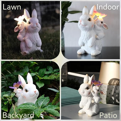 Solar Garden Statues Rabbit with Solar Lights,Mother&Baby Bunny Figurine with Butterfly Changing Lights for Yard Art Garden&Patio Decor,Unique Easter&Birthday Gifts for Women Mom Grandma