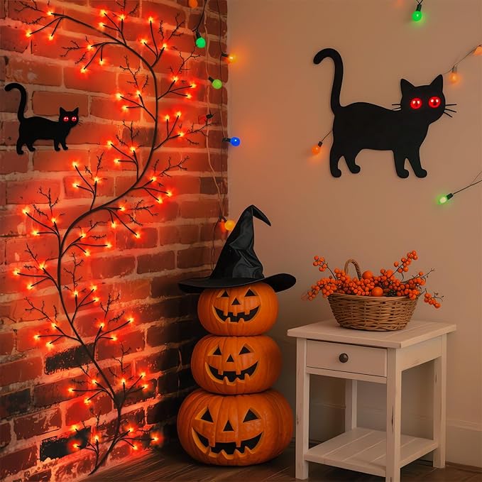7 Ft Halloween Decorations Willow Vine Twig Garland with 8 Modes Timer 63 LED Orange Lights, Halloween Garland with Waterproof Battery Operated for Wall Fireplace Decorations Indoor Outdoor