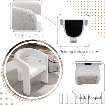 White Boucle Dining Chairs Set of 6, Modern Barrel Dining Room Chairs Upholstered Faux Fur Accent Chair with Arms and Round Back for Living Room Kitchen Armchair No Assembly Needed