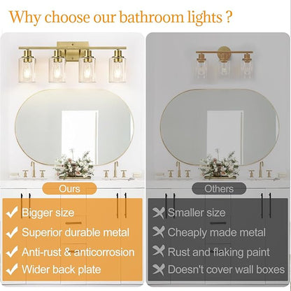 4 Light Bathroom Light Fixtures, Brass Vanity Lights for Bathroom with Clear Glass Shades, Modern Bathroom Wall Sconces for Mirror Living Room Cabinet