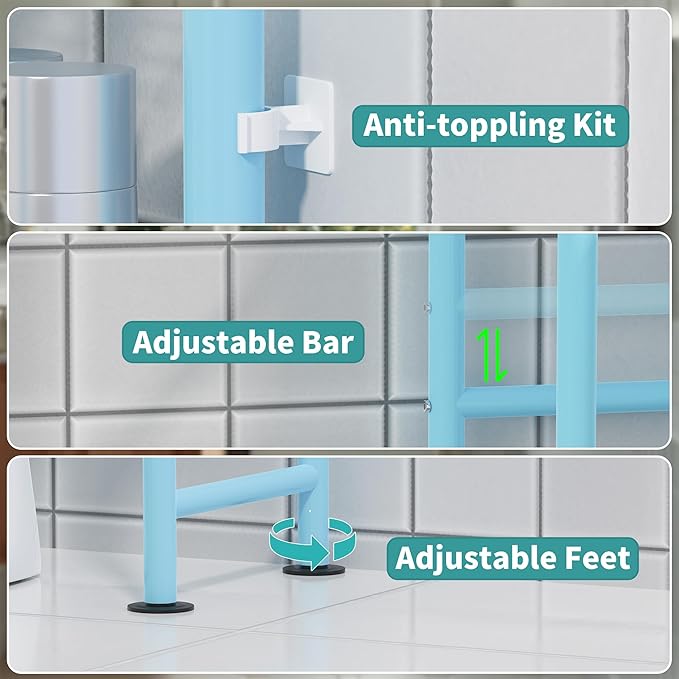 3-Tier Over The Toilet Storage with Paper Holder, Metal Bathroom Organizers and Storage for Small Space, Freestanding Bathroom Shelves with 4 Hooks, Above The Toilet Storage Shelf, Blue