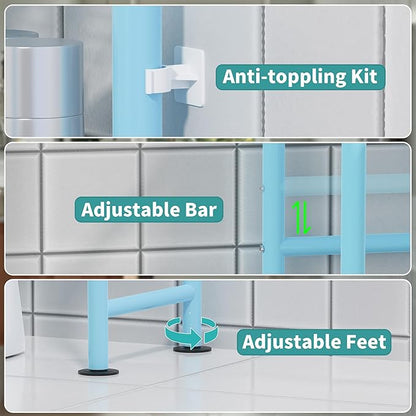 3-Tier Over The Toilet Storage with Paper Holder, Metal Bathroom Organizers and Storage for Small Space, Freestanding Bathroom Shelves with 4 Hooks, Above The Toilet Storage Shelf, Blue