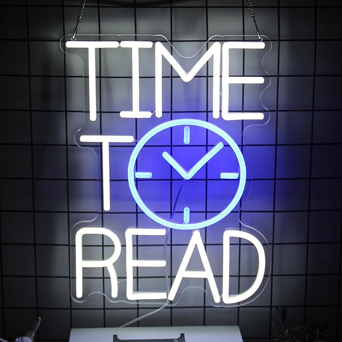 Time To Read Neon Sign Read Books Neon Light White Letter LED Signs Blue Clock Neon Read Light Up Sign for Bedroom Classroom Library Reading Corner Bookstore Decor
