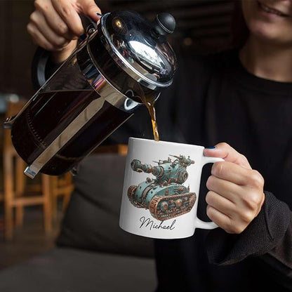 Personalized Unique Steampunk Tank Design Mug, Custom Mechanical Tank Art Coffee Cup 11oz, White Mug Gift For Mechanic Enthusiasts, Custom Name Ceramic Cup 11oz Or 15oz, Kids Mug