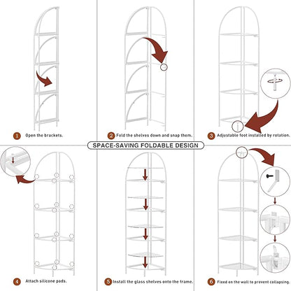 Crofy Foldable 4 Tier Corner Shelf, Metal Corner Plant Stand with White Frame and Transparent Shelves, Corner Display Rack Multipurpose Shelving Unit for Living Room, Bedroom, Bathroom