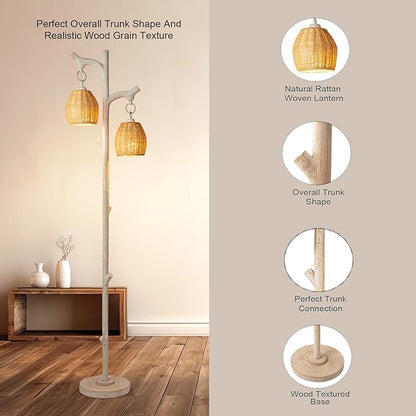 68" High Farmhouse Rustic Country Cottage Floor Lamp Tree Trunk Faux Wood Column White Washed Wicker Drum Shade Decor for Living Room Bedroom Reading Room
