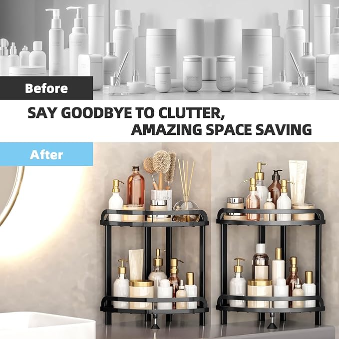 Black Bathroom Counter Organizer XL Corner Shelf, 2-Tier Bathroom Organizers Countertop, Large Capacity Corner Kitchen Storage, Skincare Makeup Vanity Tray, 9''L x 9''W x 13.8''H