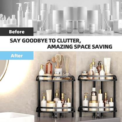 Black Bathroom Counter Organizer XL Corner Shelf, 2-Tier Bathroom Organizers Countertop, Large Capacity Corner Kitchen Storage, Skincare Makeup Vanity Tray, 9''L x 9''W x 13.8''H