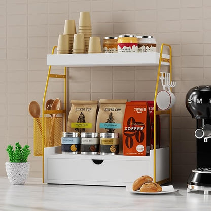 2 Tier Bathroom Counter Organizer with Drawer & Basket, Wooden Vanity Tray Countertop Shelf Accessories for Makeup Storage, Coffee Bar Station, Perfume Skincare, Kitchen, Bedroom (White)