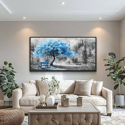 ZUITINGHUA Large Black Framed Wall Decor For Living Room Canvas Wall Art For Office Modern Wall Decorations For Bedroom Blue Tree Landscape Paintings Black And White Pictures Home Decor 24x48 In