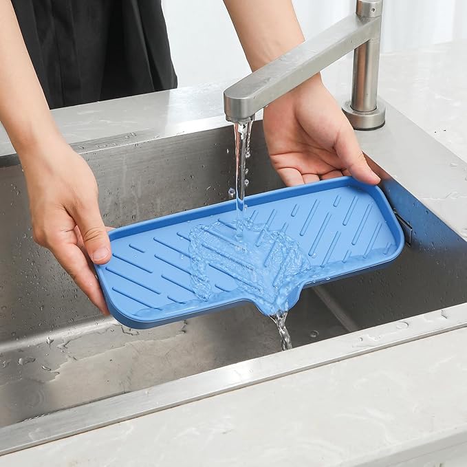 Silicone Bathroom Soap Dishes with Drain Spout-Bathroom and Kitchen Sink Organizer,Sponge Holder,Dish Soap Tray,Perfect for Dispenser,Scrubber,Bottle,Cup on Sink or Counter-Lichen Blue 12"×4"