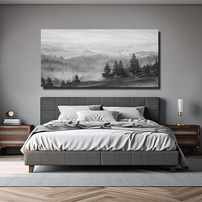SOUGUAN Grey Pictures Wall Decor Forest Artwork Mountain Canvas Painting Landscape Wall Art Prints for Living Room Bedroom Home Hanging Decor 24x48 Inch