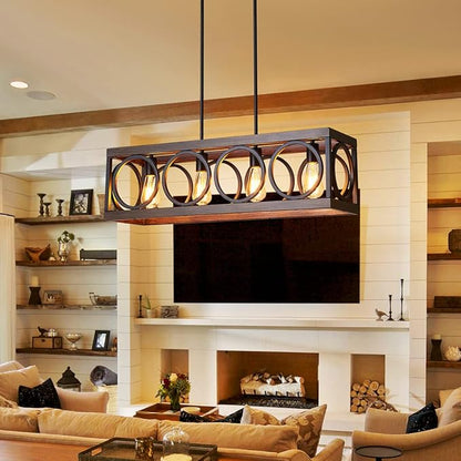 XINGQI Black Kitchen Island Light Fixtures, Farmhouse Dining Room Chandelier Rectangular Linear Chandeliers Pendant Ceiling Light Fixture for Bar Office Coffee Shop 4-Light Wood Grain