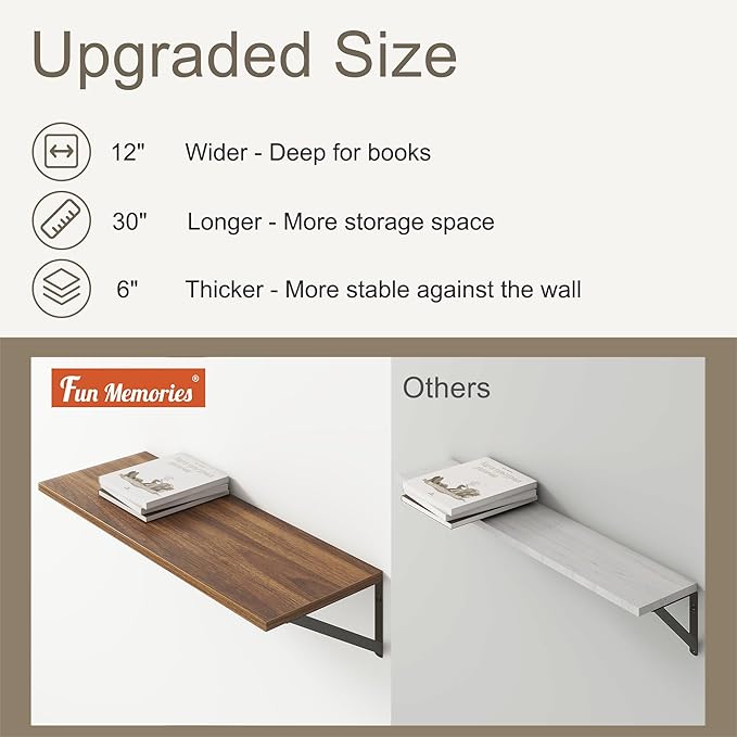 12 Inch Deep Floating Shelves, 30W x 12D Wall Shelves with Brackets, Walnut Floating Shelves 30 Inch Long, Rustic Wood Wall Shelf, Wide Storage Display Shelf for Kitchek, Living Room, Bathroom