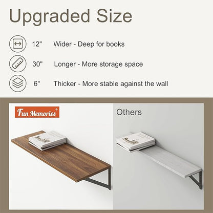 12 Inch Deep Floating Shelves, 30W x 12D Wall Shelves with Brackets, Walnut Floating Shelves 30 Inch Long, Rustic Wood Wall Shelf, Wide Storage Display Shelf for Kitchek, Living Room, Bathroom