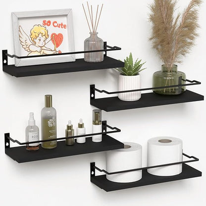 RICHER HOUSE Bathroom Floating Shelves with Guardrail, Set of 4 Rustic Wall Mounted Storage Shelves, Over Toilet - Black