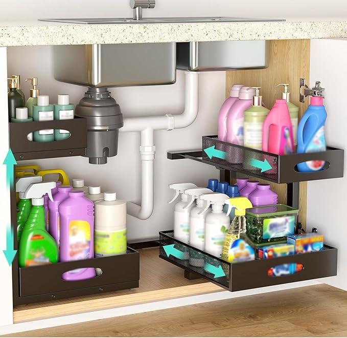Under Sink Organizer, Extra-Wide Upgrade, 2-Pack of 2-Tier Metal Slide Out Cabinet Organizer, Height Adjustable Organization and Storage Series, Bathroom/Cabinet/Kitchen organization, Black
