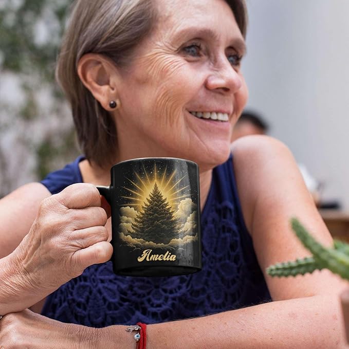 Spiritual Nature Themed Ceramic Cup, Custom Name Coffee Mug 11oz or 15oz, Personalized Pine Tree Black Cup for Christmas, Custom Winter Season Coffee Mug, Gifts for Friends, Family