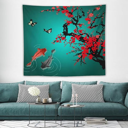Houselerax Japanese Koi Fish Tapestry, Cherry Blossoms Asian Oriental Green Teal Floral Branch Koi Fish Carp Tapestries Wall Hanging for Bedroom Living Room Office Decor 60"x50"