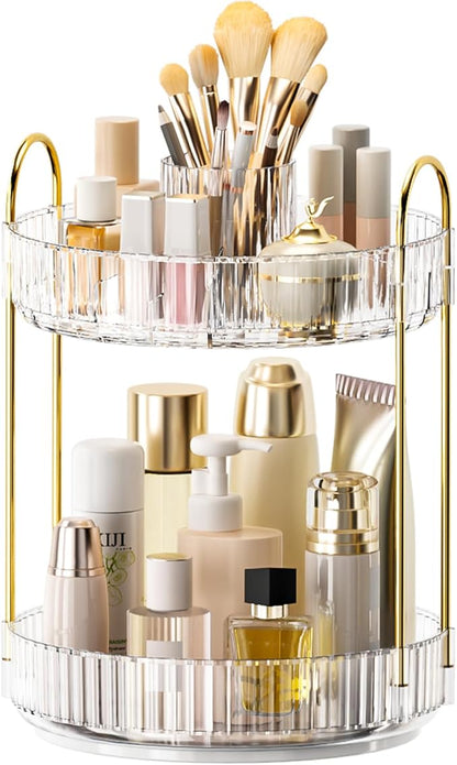 360° Rotating Makeup Organizer, Upgraded 2 Tier Skincare Perfume Organizers for Women, Bathroom Organizer Countertop, Clear Cosmetic Dresser Organizer with Makeup Brush Holder, Sink&Counte (Clear)
